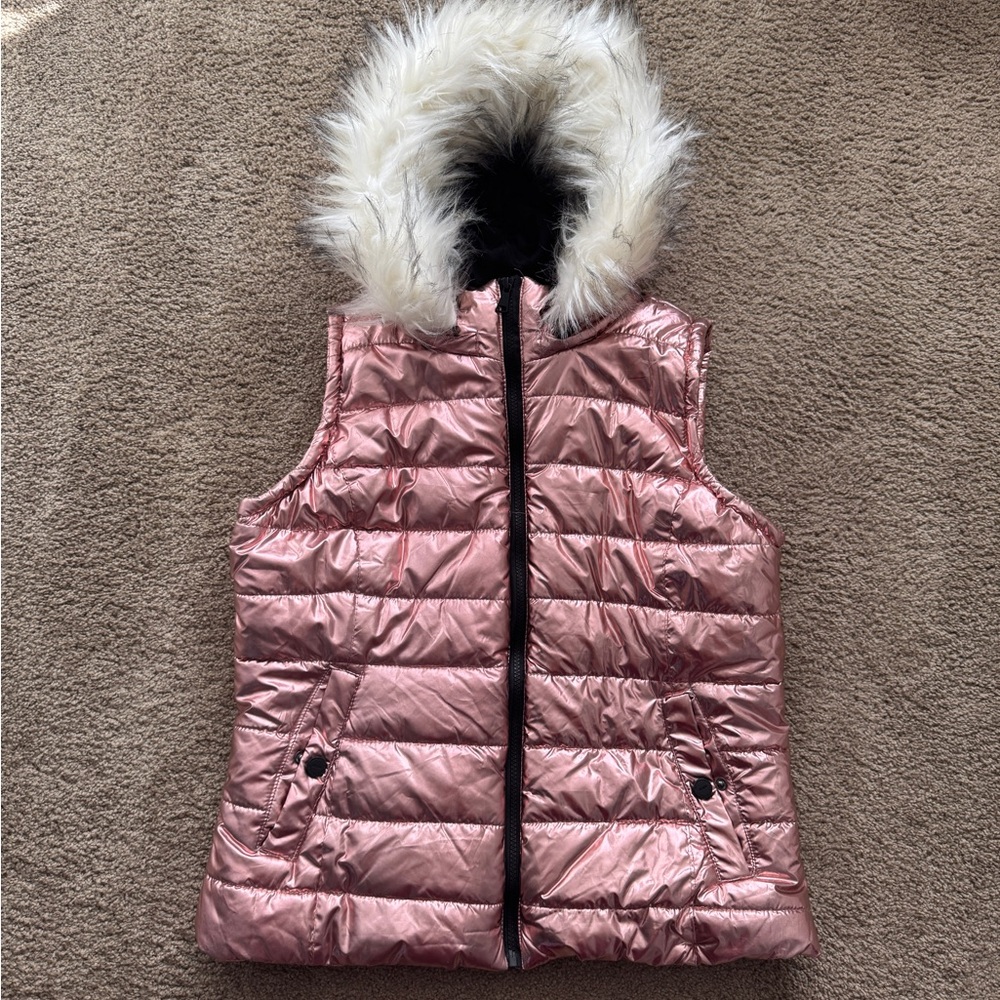 Metallic Pink Puffer Vest with Detatchable Fur Hood